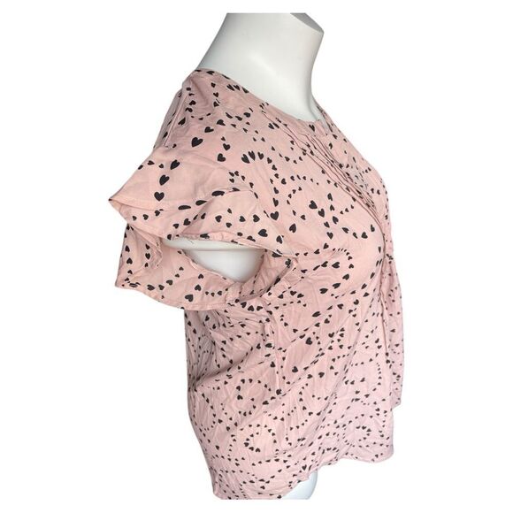 Pink top Black Hearts Prints XL Bottoms Down Neckline String Tie Ruffle Sleeves - Picture 3 of 8